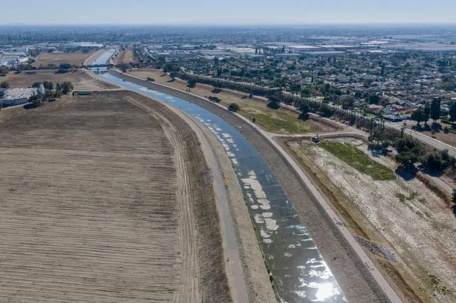 Flood-control river channel running south through the San Gabriel Valley near El Monte