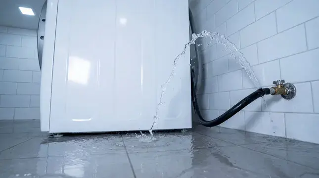 Washer supply hose spraying water onto a laundry floor in El Monte