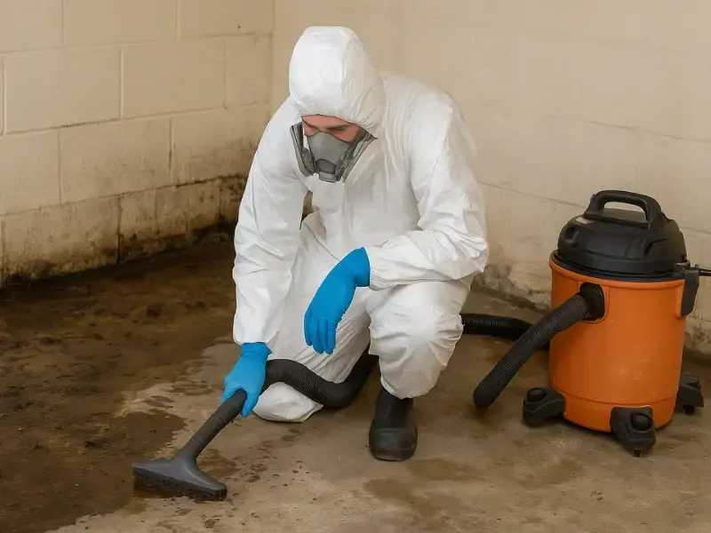 Technician in a protective suit and respirator vacuuming sewage water in El Monte