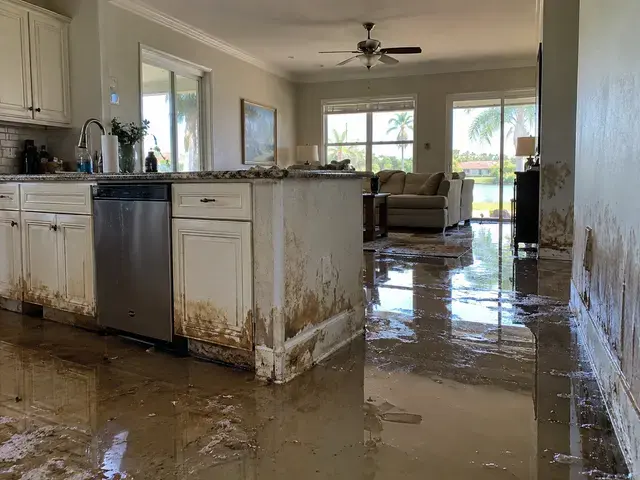 Standing water across a kitchen floor before extraction in El Monte